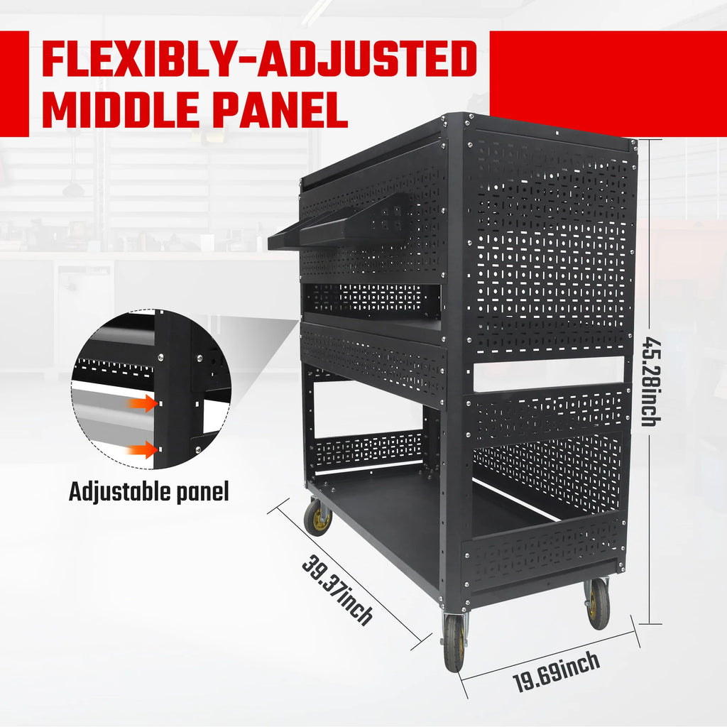 3-Tier Adjustable Rolling Tool Cart | Garage & Workshop Organizer w/ Steel Pegboard