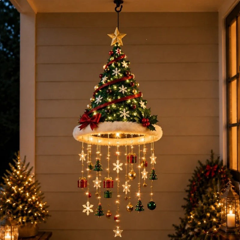 Lighted Santa Hat Hanging Chandelier – 3 Styles Warm LED Christmas String Lights with Festive Ornaments, Holiday Lighting Decor